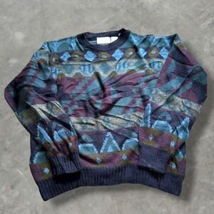 Vintage 1990's Colorful Knit Sweater Large L Blue Purple Sweater Abstract VTG